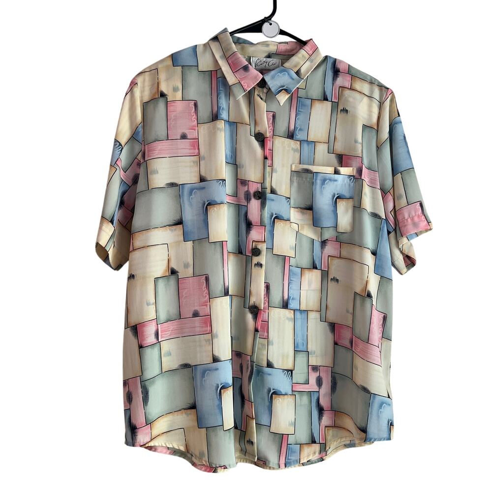 Vintage 80s Kathy Che Shirt Size 14 Retro Colorful Button Down Short Sleeve Top